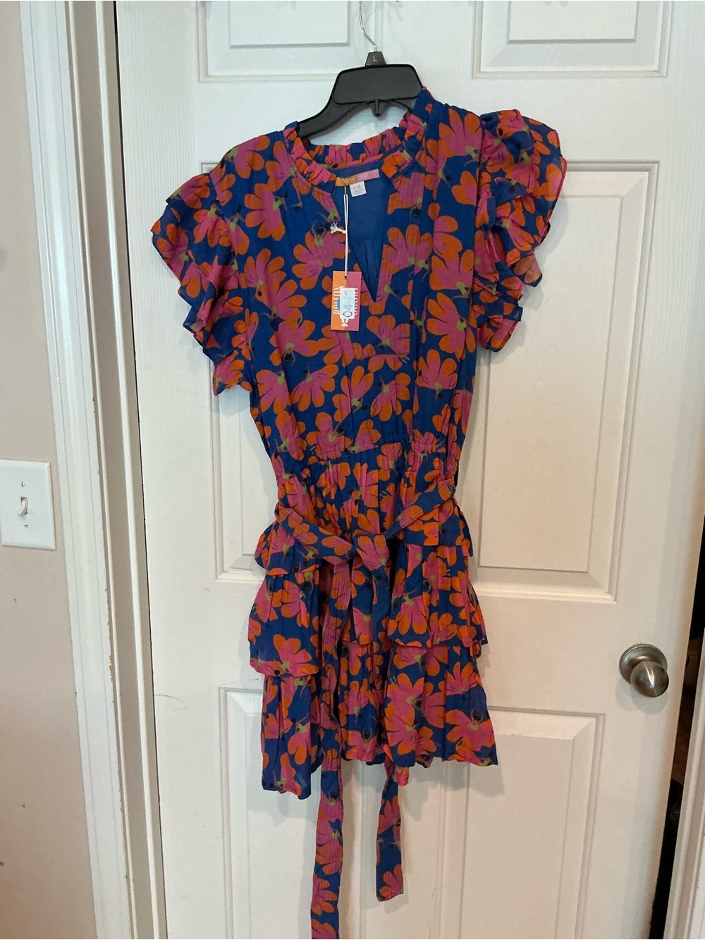 Floral Ruffle Tie-Waist Mini Dress in Navy and Orange